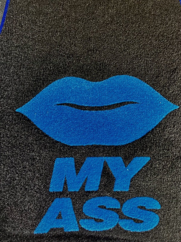 Kiss My Ass Embroidered Logo Floor Mats Front Pair Blue Logo