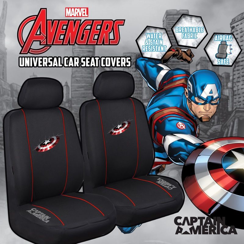 Marvel Avengers Seat Covers Front Pair Black Universal Size Airbag Safe Captain America AVESCCAM3004