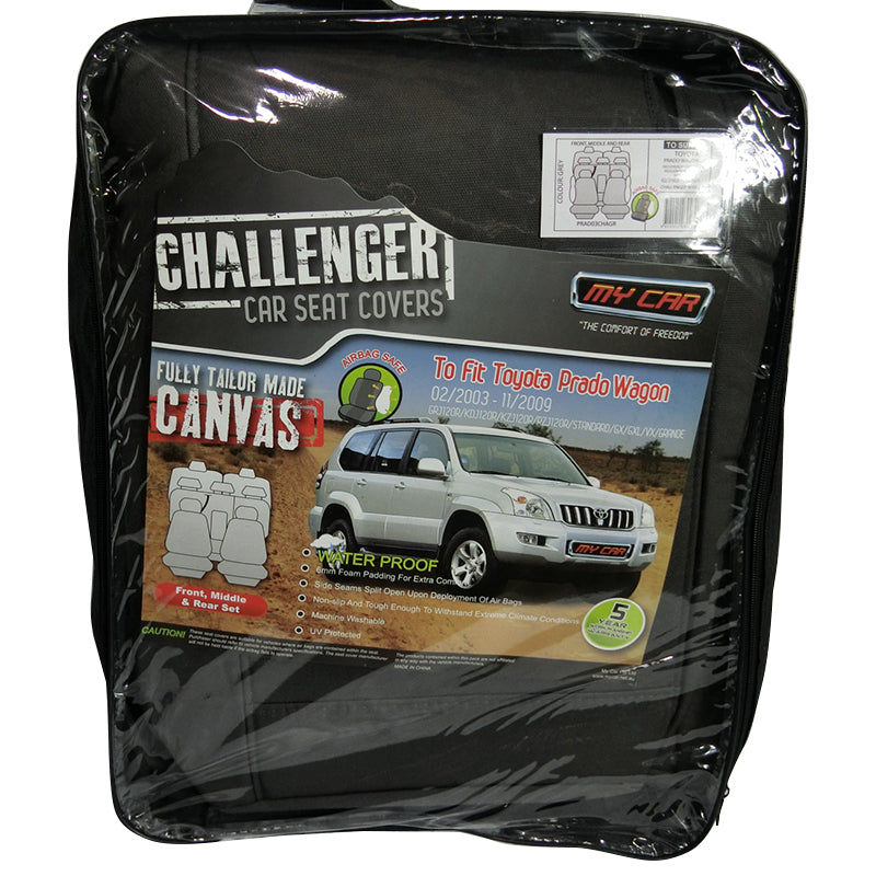 Custom Made Canvas Seat Covers suits Toyota Prado 120 Series 02/2003-10/2009 3 Rows Airbag Safe PRAD03CHAGR