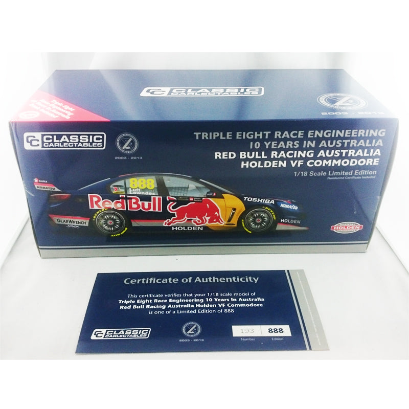 1:18 Lowndes / Luff 888 10 Years in Austalia Red Bull Suits Holden VF Classic Carlectables incl. Book 18541
