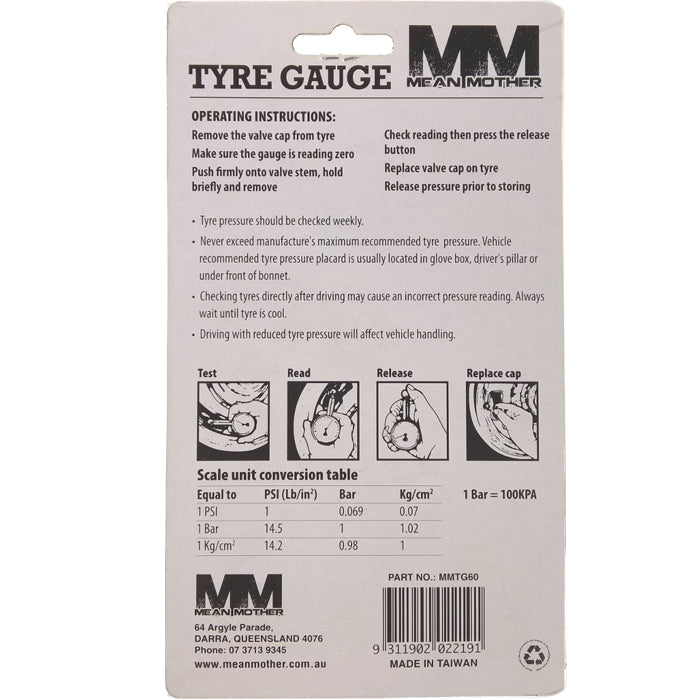 Mean Mother Pressure Tire Tyre Gauge 60Lb 0 - 60 Psi MMTG60
