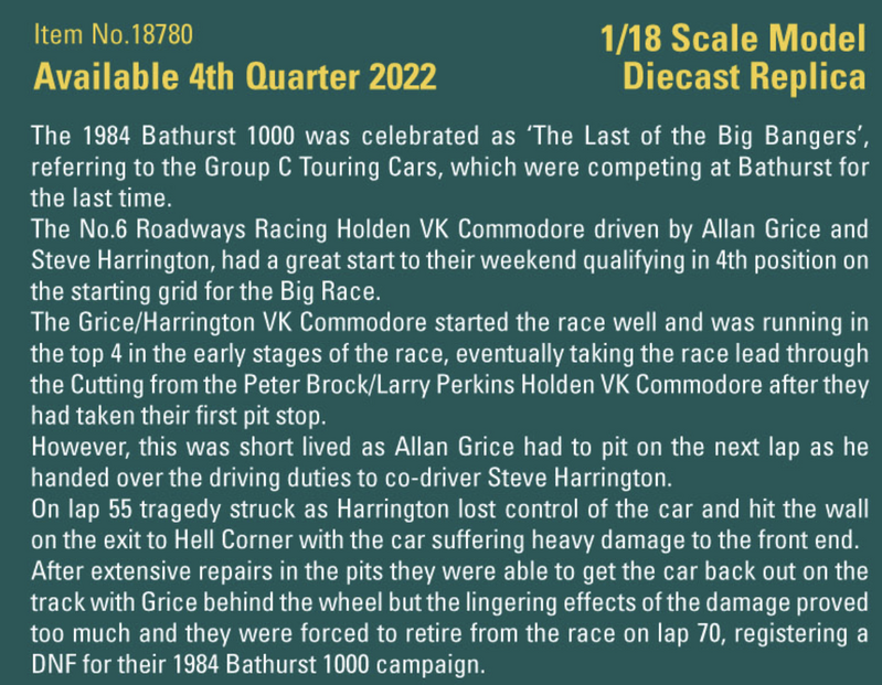 1:18 Holden VK Commodore 1984 Bathurst ‘Last of the Big Bangers’ 18780
