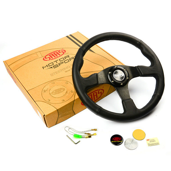 Saas 14in Leather Sports Steering Wheel ADR Approved Black Spoke D1-SWB-R
