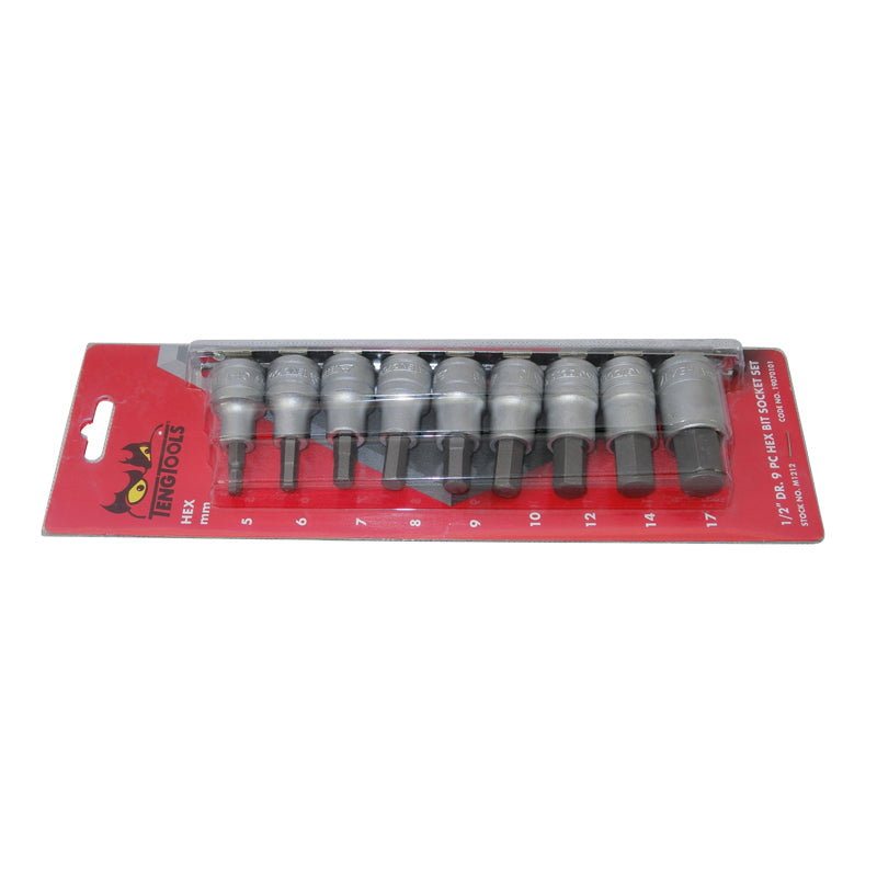 Teng Tools 9 Piece 1/2 inch Drive Metric In-Hex Bit Socket Set Clip Rail M1212TENG