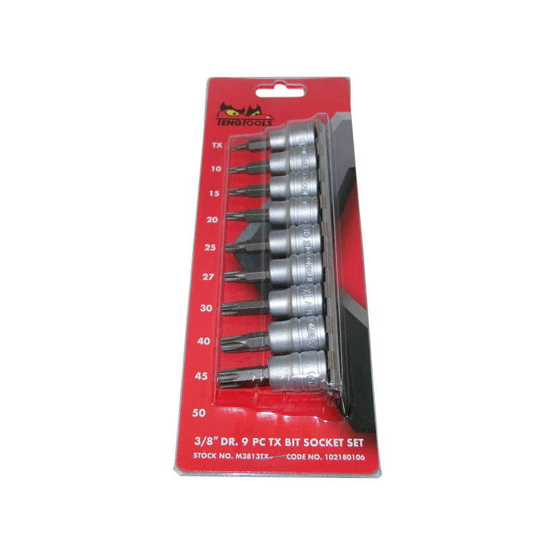 Teng Tools - 3/8 inch Drive 9 Piece Torx Bit Socket Set On Rail M3813TX