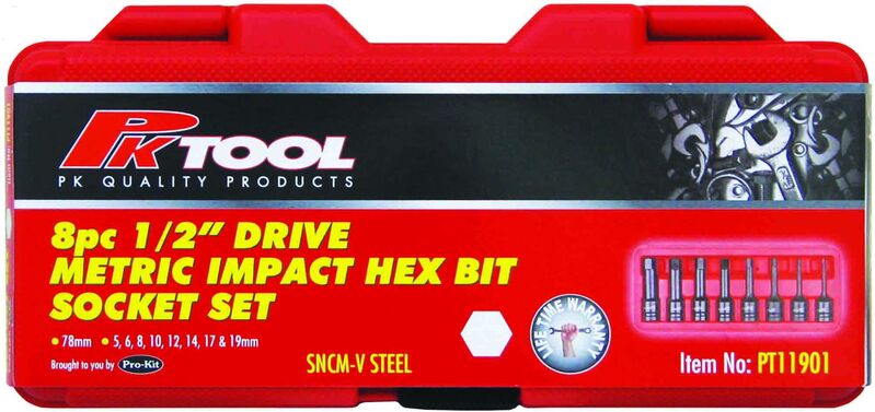 Socket Set - 8Pc 1/2Inch Dr Impact Hex Bits 5, 6, 8, 10, 12, 14, 17 & 19Mm