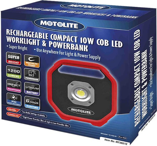 Worklight & Powerbank- 10W Cob 1200Lm Rechargeable & Hi/Lo Beam With Magnet Stand