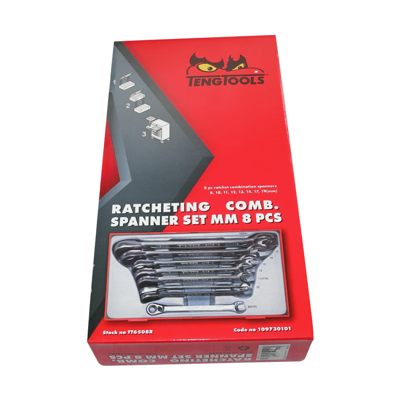 Teng Tools 8 Piece Metric Ratchet Spanner Set Kit Ratcheting TT6508R