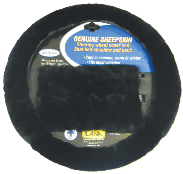 Sheepskin Steering Wheel Cover And Seat Belt Pad Pack 24/SKINACCBLA