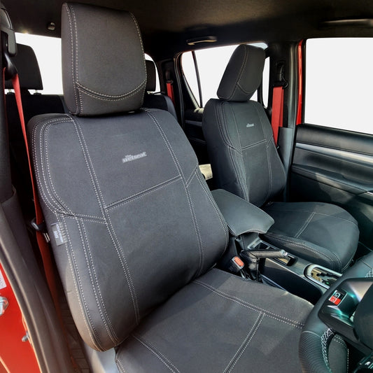 Wet Seat Black Neoprene Seat Covers suits Toyota Hilux N80 GR Sport Black Edition Dual Cab Ute 9/2015-7/2025 Black with Red stitching Bundle