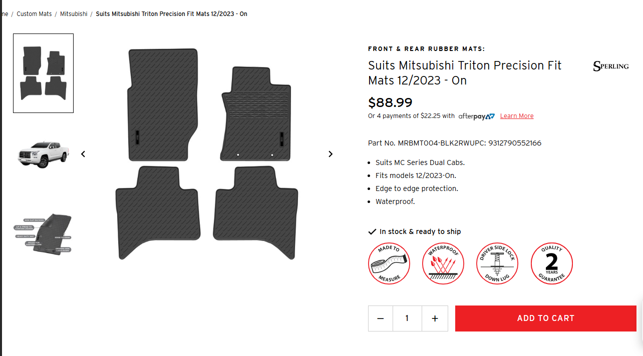 Rubber Custom Floor Mats Suits Mitsubishi Triton MC Dual Cab 12/2023-On Front & Rear Black MRBMT004-BLK2RWUPC