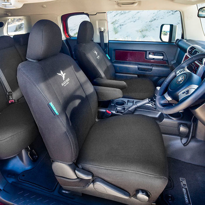 Black Duck Canvas Black Console & Seat Covers suits Toyota Hilux 8th Gen Workmate Dual/Xtra Cab 7/2015-On