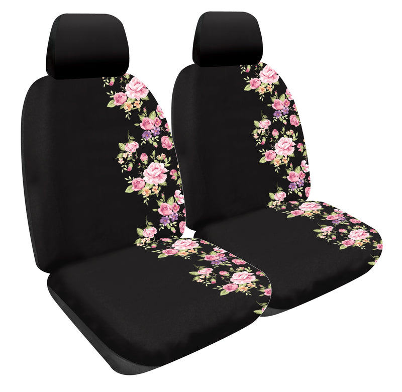 Tropics Floral Vintage Rose Polyester Seat Covers Front Pair Black Size 30 Airbag Safe