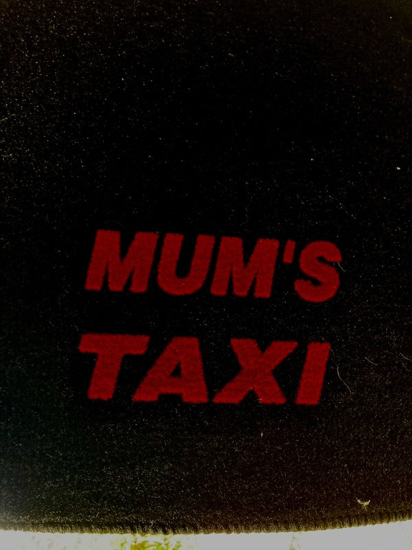 Mum's Taxi Logo Floor Mats Front Pair Black Mats Red Logo