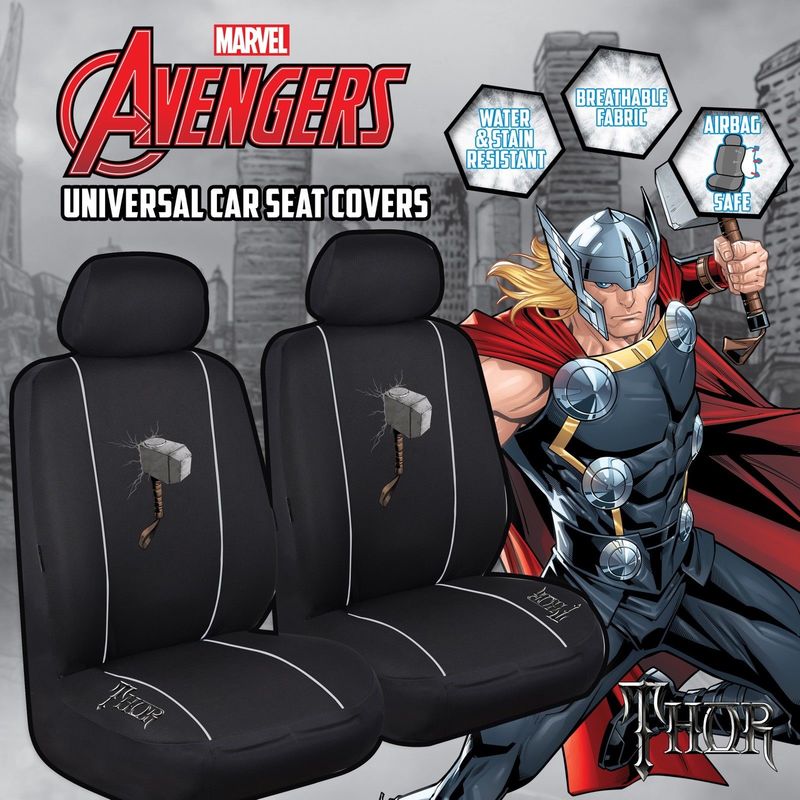 Marvel Avengers Seat Covers Front Pair Black Universal Size 30 Airbag Safe Thor AVESCTHO3004