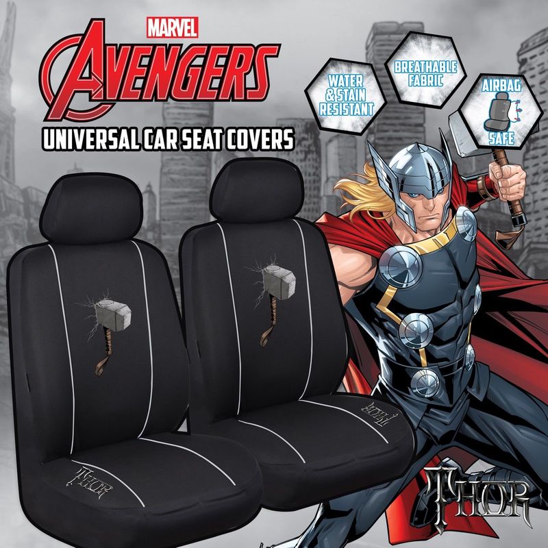Marvel Avengers Seat Covers Front Pair Black Universal Size 30 Airbag Safe Thor AVESCTHO3004