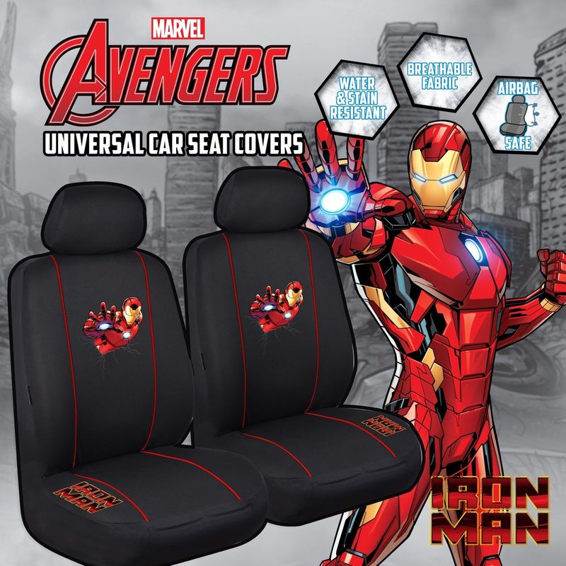 Marvel Avengers Seat Covers Front Pair Black Universal Size 30 Airbag Safe Iron Man AVESCIMA3004