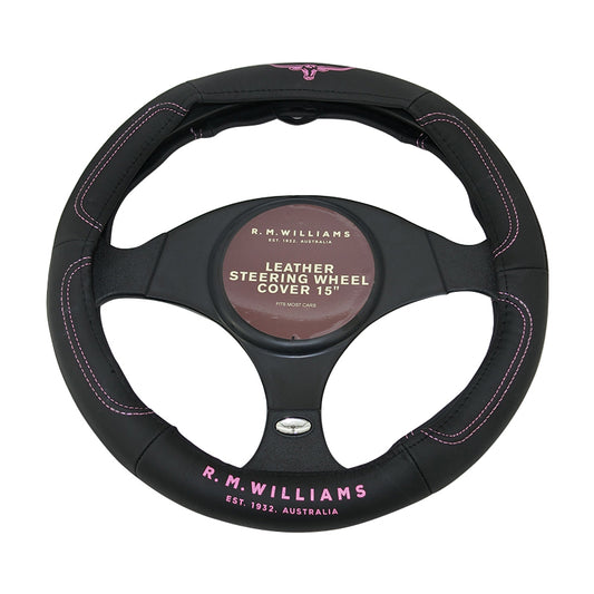 RM Williams Steering Wheel Cover 15 Inch 38cm Leather Jillaroo Pink Logo