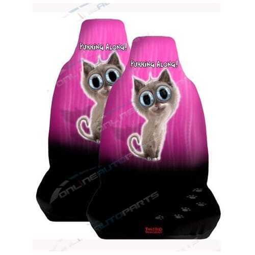 Front Car Seat Covers Twisted Whiskers Purring Cat Black & Pink One Pair SCF09141