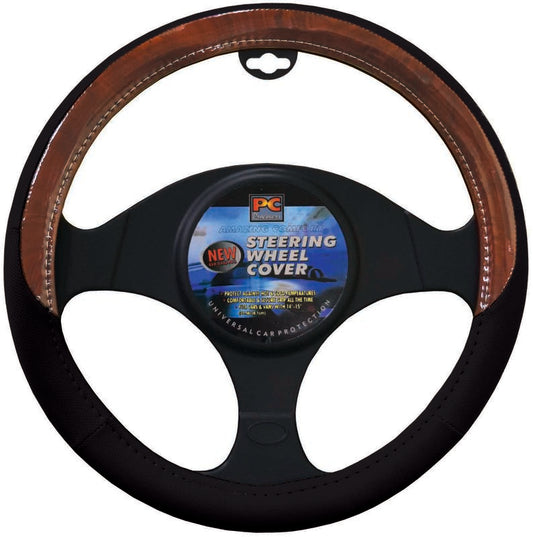 Soft Leather-feel Steering Wheel Cover Dark Wood Grain / Black 38cm 15 Inch RG2460BK