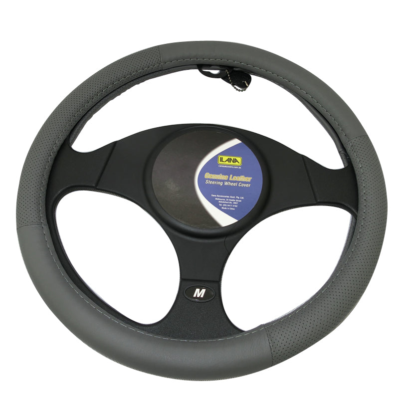 Genuine Leather Steering Wheel Cover Charcoal 15 Inch 38.10cm
