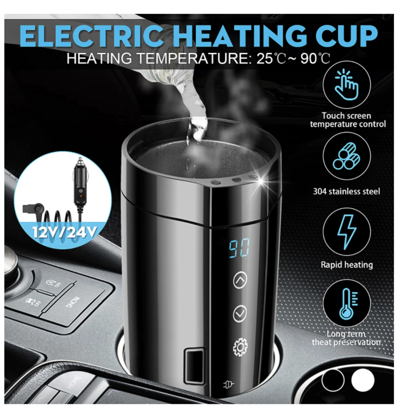 Stainless Steel Portable Car Kettle 12V/24V 80W Electric LCD Display 400ml 3C32-1-64