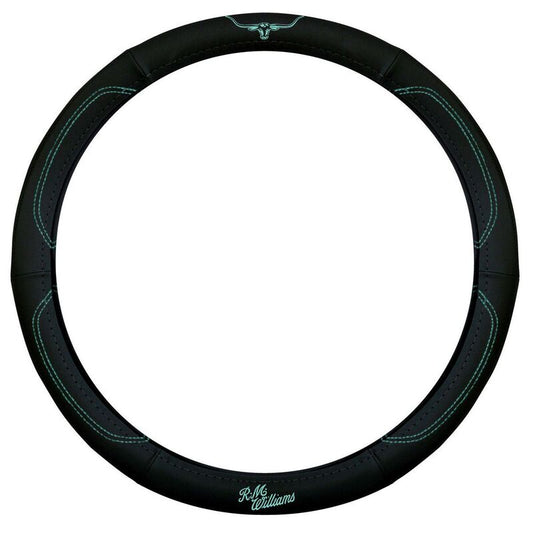 RM Williams Leather 15 Inch 38cm Steering Wheel Cover Black/Aqua