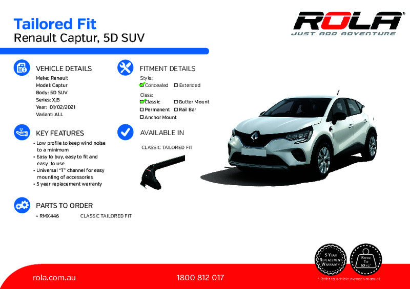 Rola Roof Racks suits Renault Captur XJB 5Dr SUV 2/2021-On 2 Bars RMX446