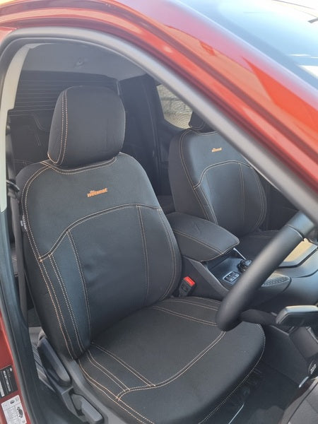 Wet Seat Neoprene Seat Covers Suits Ford Ranger RA Dual Cab 7/2022-On Black with Orange Stitch