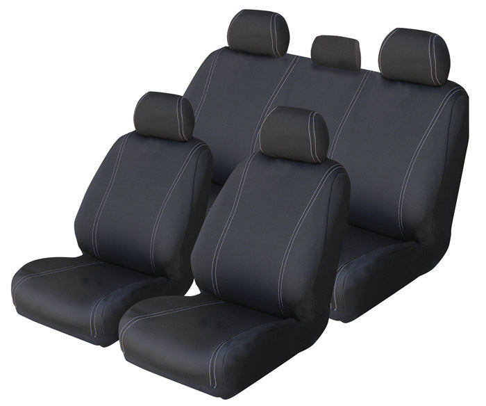 Velocity Neoprene Seat Covers suits Toyota Landcruiser VDJ76R Wagon-Workmate/GXL And VDJ79R Dual Cab Workmate/GXL 3/2007-On Black with White Stitch
