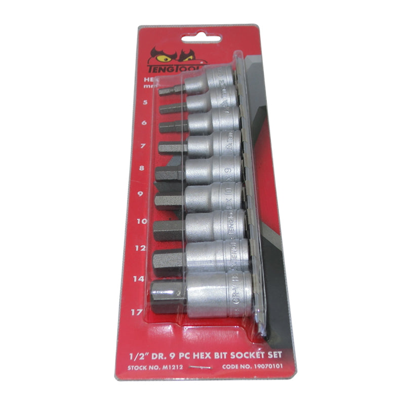 Teng Tools 9 Piece 1/2 inch Drive Metric In-Hex Bit Socket Set Clip Rail M1212TENG