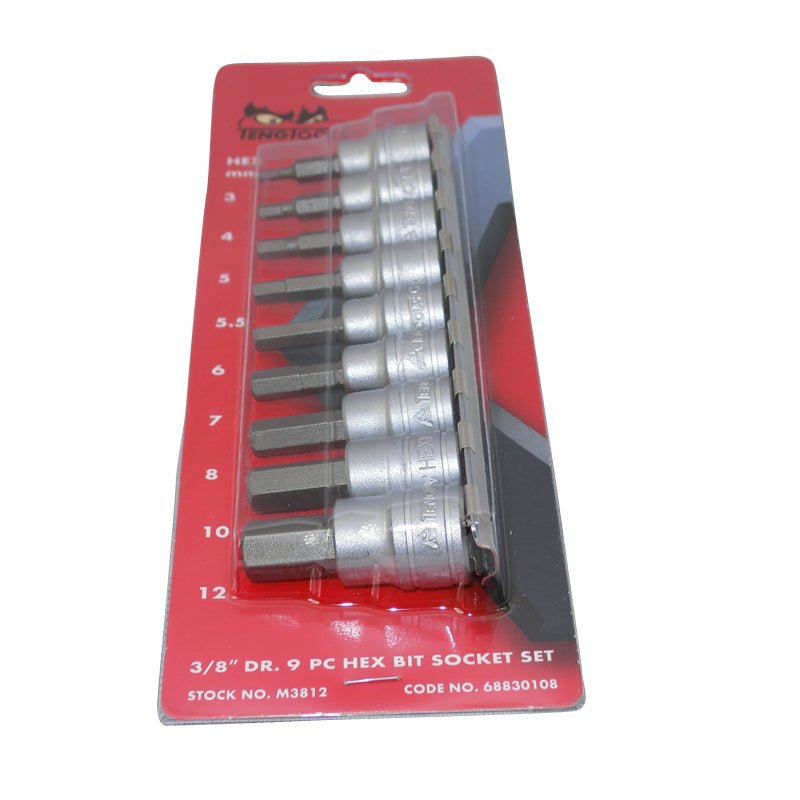 Teng Tools  9 Piece 3/8 inch Drive Metric Hex Bit Sockets on Clip Rail M3812TENG