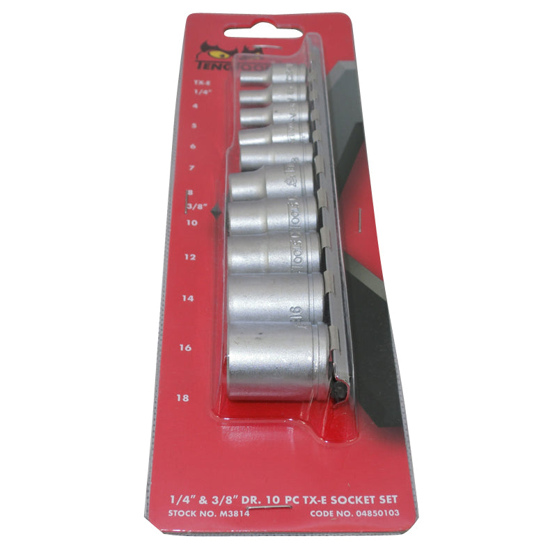 Teng Tools - 10 Piece 1/4 inch and 3/8 inch Drive TX-E Sockets on Clip Rail M3814