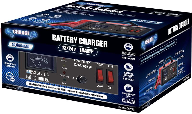 Battery Charger  - 12V & 24V. 0-10A Adjustable Charge. Suits Lead Acid, Gel, Efb, Agm Batteries