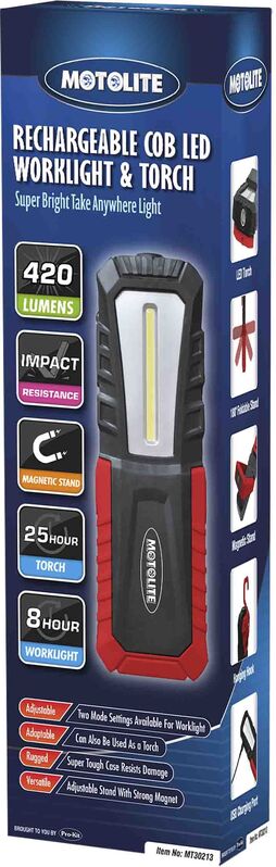 Worklight & Torch - Cob 420Lm Rechargeable & Hi/Lo Beam With Magnet, Hook & Stand