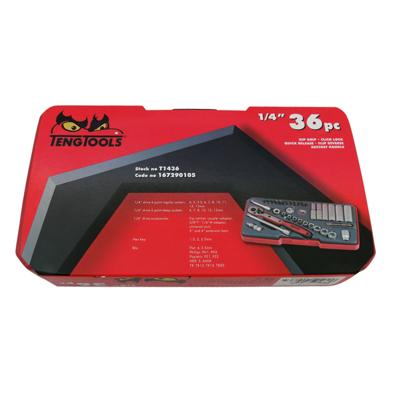 Teng Tools - 36 Piece 1/4 inch Drive Tool & Bit Set T1436 – Motoquipe