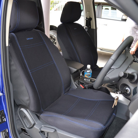 Wet Seat Black Neoprene Seat Covers suits Toyota Hilux SR/SR5 Dual Cab 9/2015-7/2025 Blue Stitching